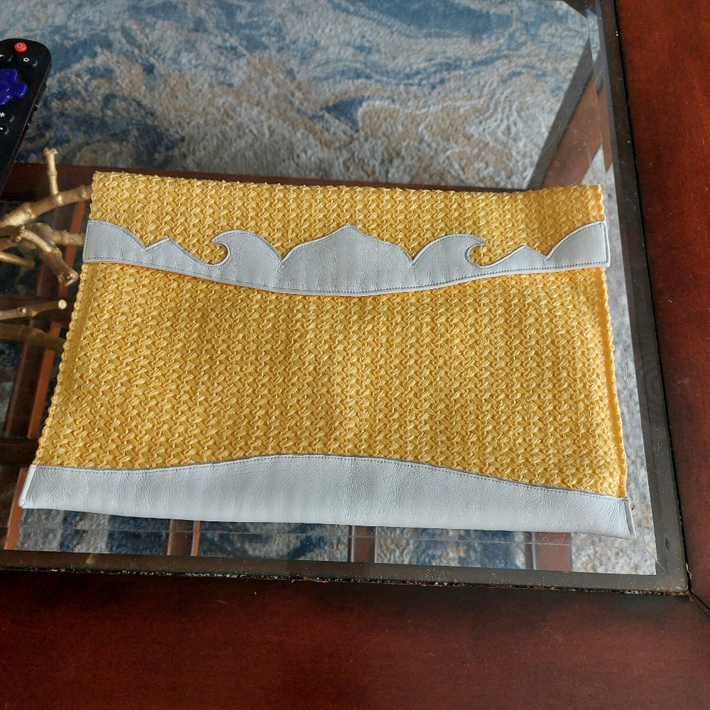 Charles Jourdan Yellow & White WovenRaffia Style Vintage 1970s Clutch Purse